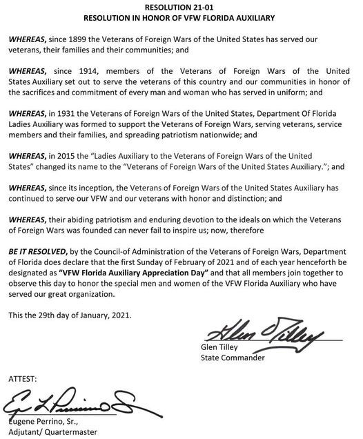 The Resolution adopted at Mid Winter 2021 declaring every first Sunday in February VFW Department of Fl VFW Auxiliary Appreciation Day. 